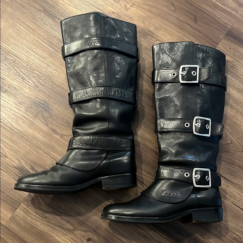 Vintage Coach Black Leather Moto Boots with Silver Buckles